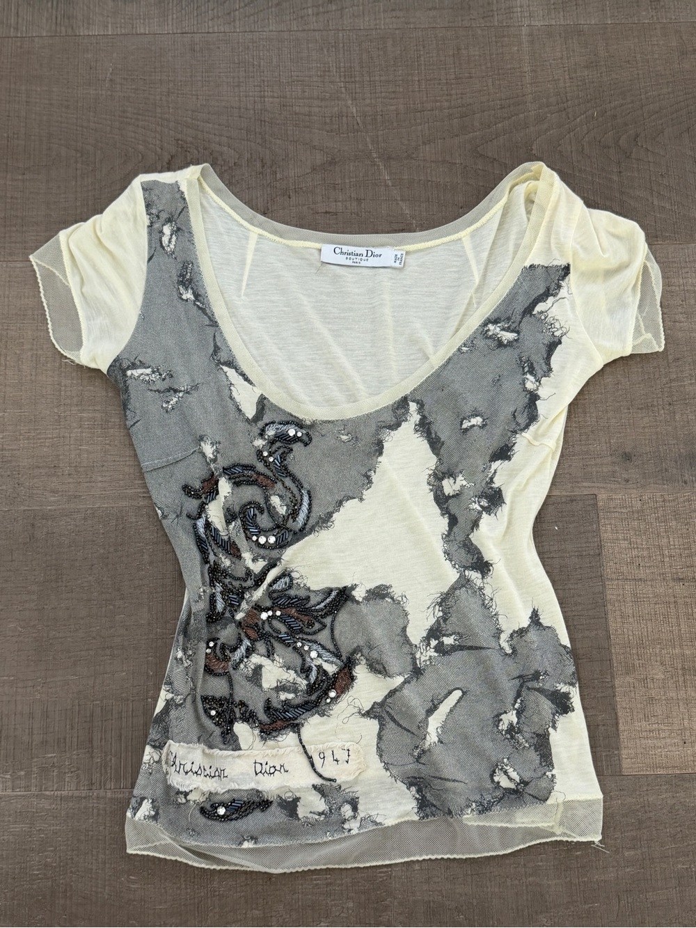 Dior Cream & Gray Sheer Scoop Neck Embellished Tee